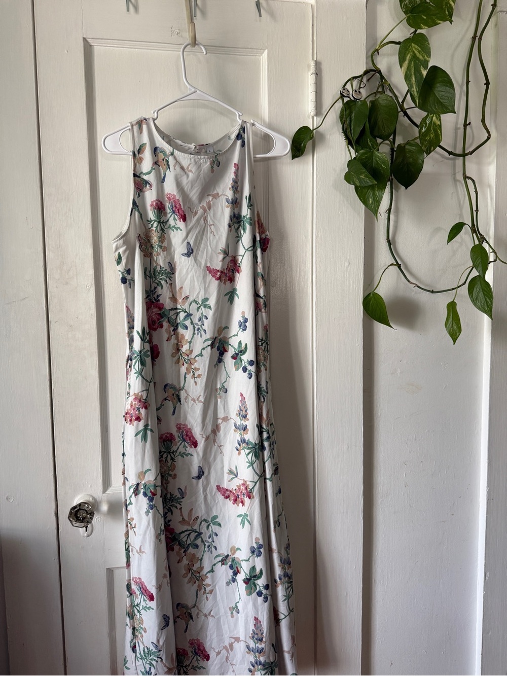 Floral White Maxi Dress with Pink & Green Print size L